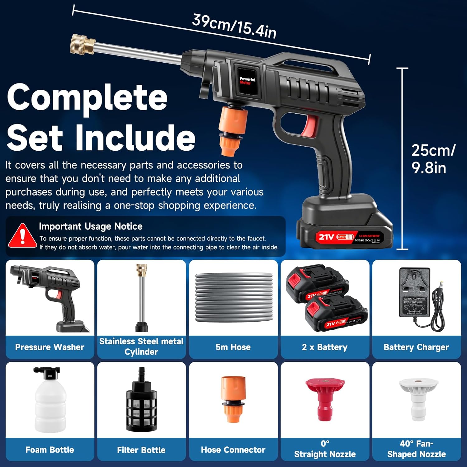 Portable Cordless Pressure Washer, 60Bar/870PSI 21V Rechargeable Battery Powered Pressure Washer, Electric Pressure washers Handheld High Pressure Car Washer Gun with 2 Nozzles, 2 Battery, 5m Hose - Image 7