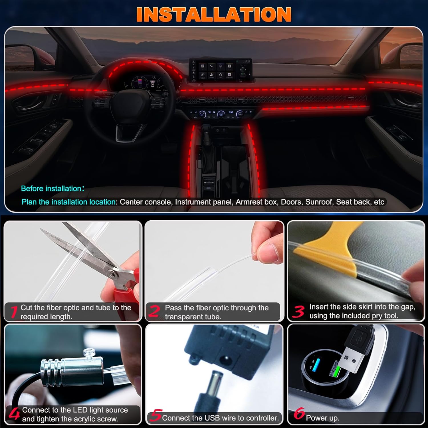Jushope Interior Car LED Strip Lights with Wireless APP and Remote Control, RGB 5 in 1 Ambient Lighting Kits with 236 inches Fiber Optic, 16 Million Colors Car Neon Lights, Sync to Music - Image 8