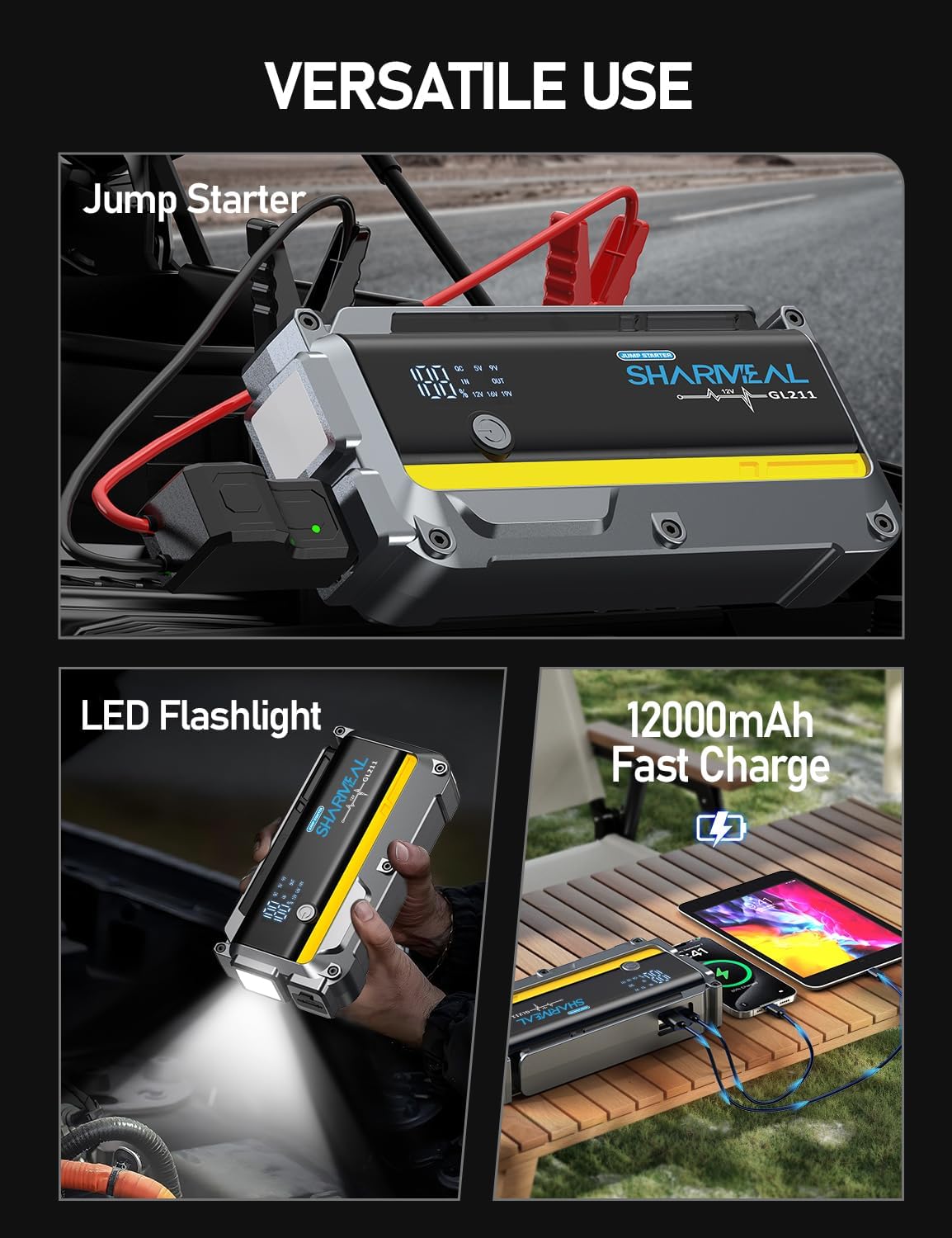 Sharmeal 7000A Car Battery Jump Starter, 12000mAh Car Jumper Starter Battery Pack for Up to All Gas & 12.0L Diesel Engines, 12V Portable Jump Box with 3 Modes Flashlight and Jumper Cable - Image 5