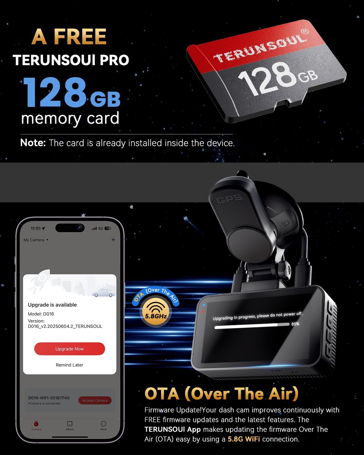4K+4K Dash Cam Front and Rear, Free 128GB Card Included, 5.8GHz WiFi Dash Camera for Cars, Built-in GPS, G-Sensor, 170°Wide Angle, 3" IPS Screen, 24H Parking Mode, Support 512GB Max - Image 7