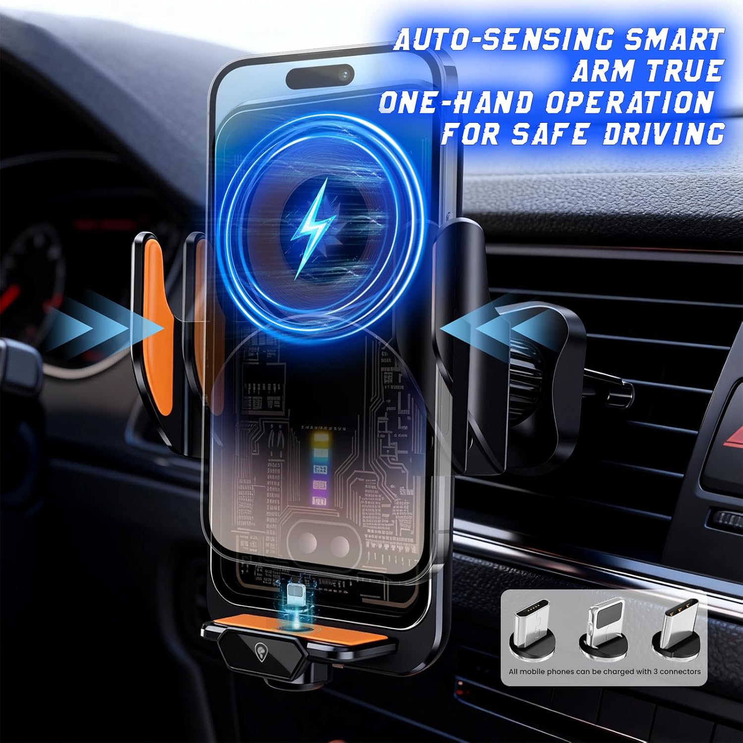 Fast Wireless Car Charger Wireless Charging Phone Mount for Car Magnetic Navigation Car Phone Holder Automatic Smart Sensor Clamping Rotating with Charger Station Fast Wireless Charger Max 120W(Black) - Image 5