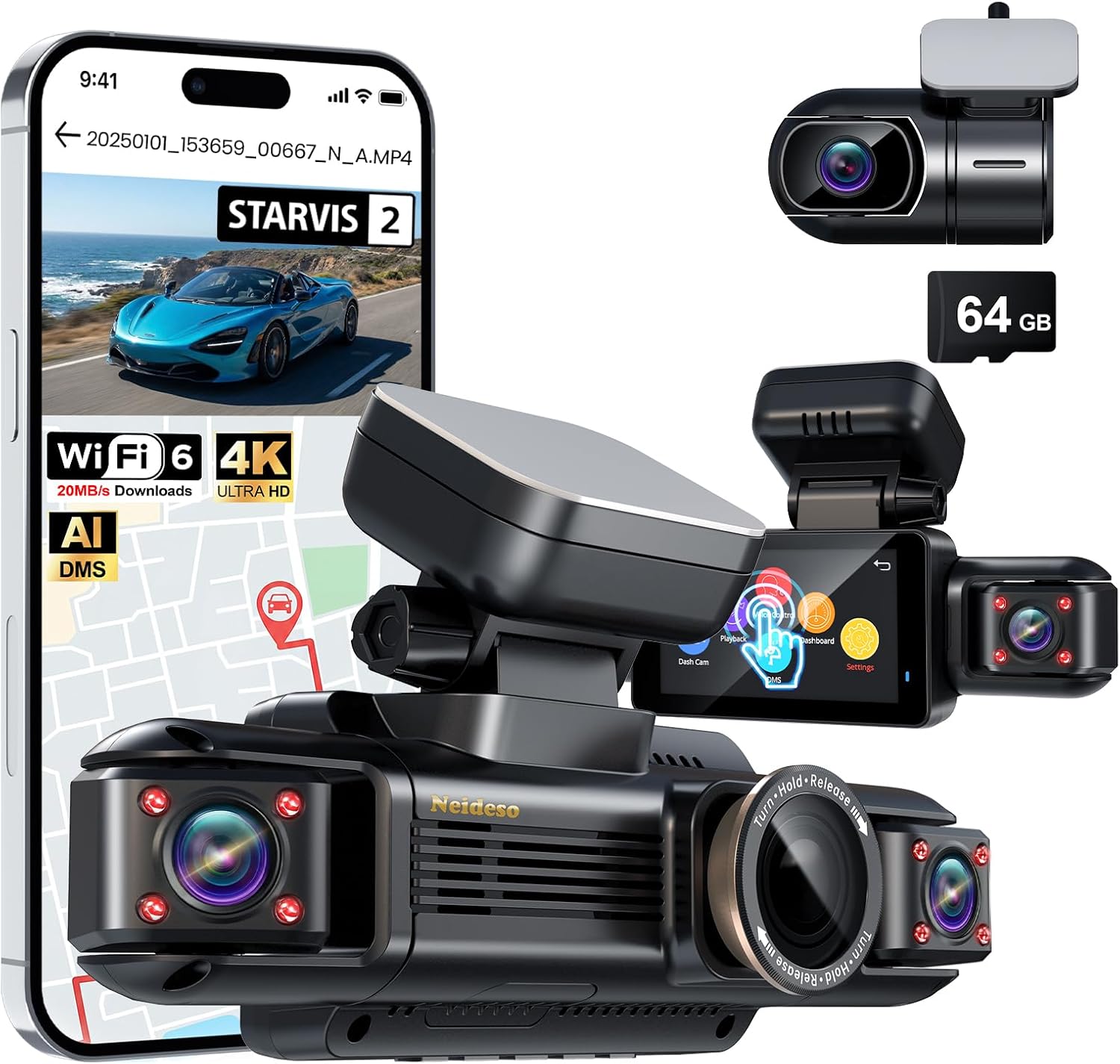 N300Pro 4K 4 Channel Dash Cam Front and Rear, STARVIS 2 Sensor, 3" Touch Screen, 5.8GHz WiFi GPS, 360° Car Dash Camera, AI Driver Monitor System, Free 64GB Card, WDR Night Vision HDR, 24H Parking Mode