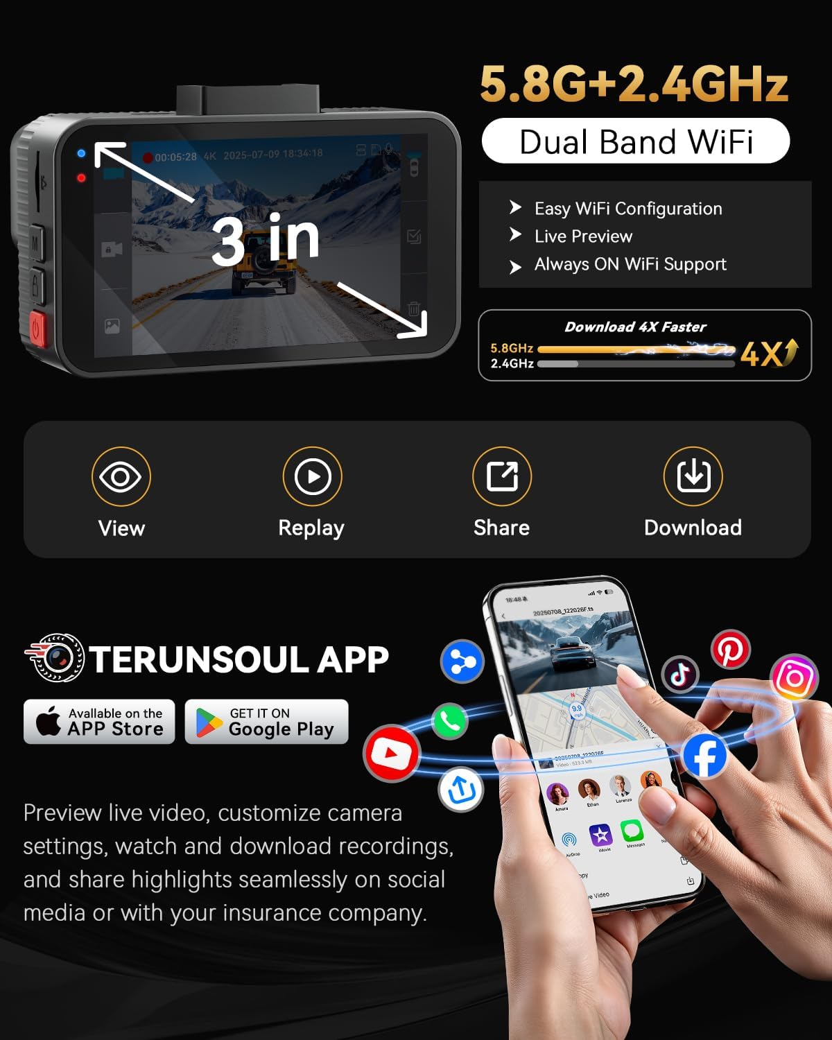 4K+4K Dash Cam Front and Rear, Free 128GB Card Included, 5.8GHz WiFi Dash Camera for Cars, Built-in GPS, G-Sensor, 170°Wide Angle, 3" IPS Screen, 24H Parking Mode, Support 512GB Max - Image 4