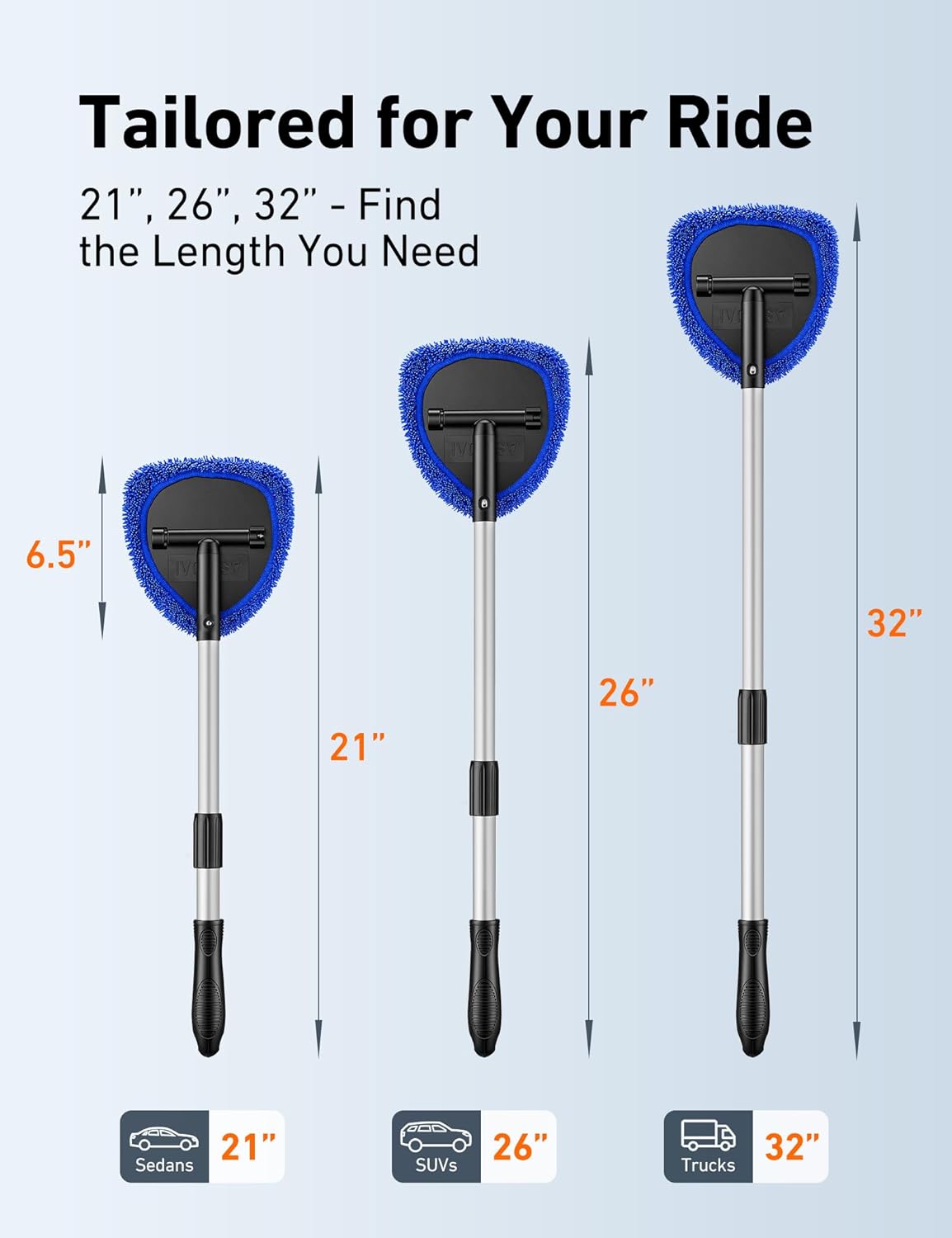 AstroAI Windshield Cleaner Tool, Car Interior Detailing Cleaning Kit with Extendable Handle and 4 Upgraded High-Density Reusable Microfiber Pads, Auto Glass Wiper Brush Kit for Cars, Blue, 15.9in-21in - Image 2