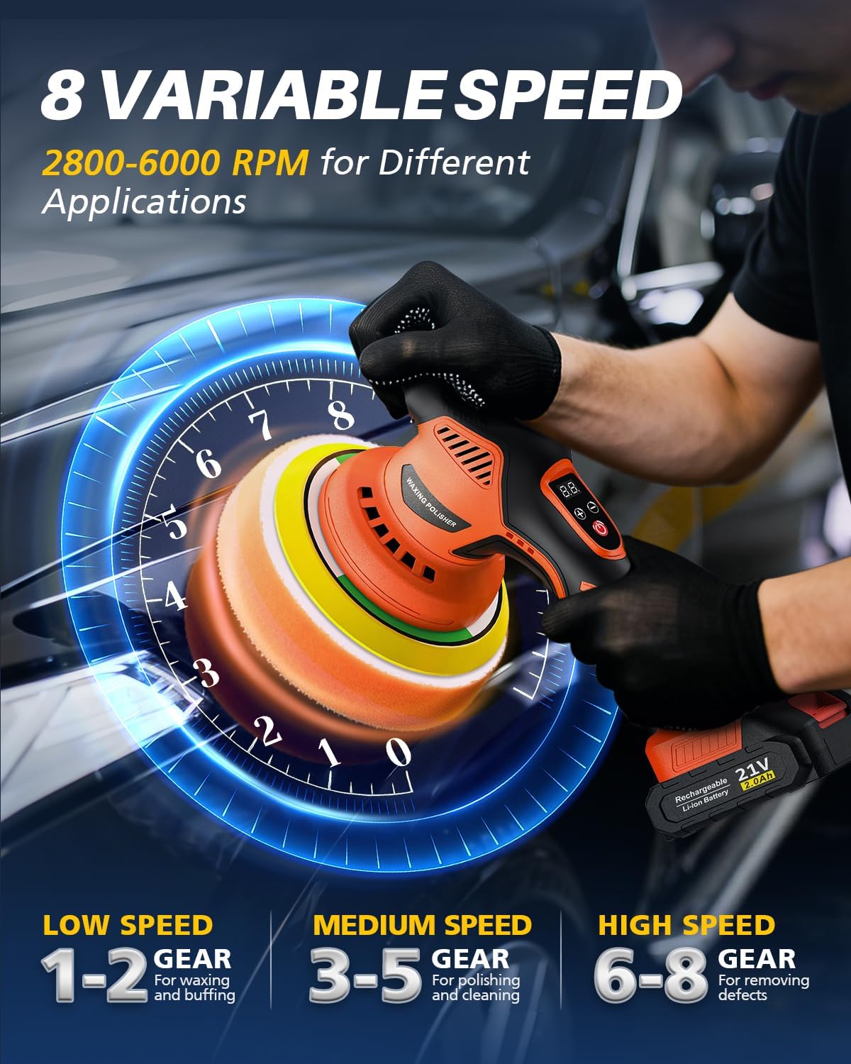 Cordless Car Buffer Polisher, 8 Variable Speed Car Polisher with 2x 21V 2000mAh Batteries & 18 PCS Attachments, 2800-6000RPM Cordless Car Polishing Machine for Waxing, Polishing & Scratch Removal - Image 2