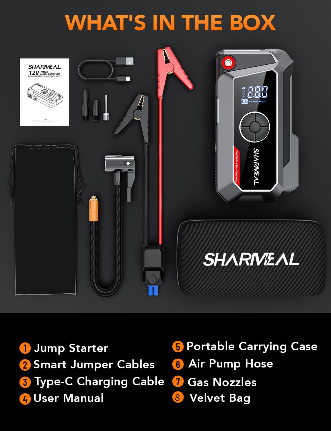 Sharmeal Jump Starter with Air Compressor, 6000A Car Battery Jump Starter (All Gas/10.0L Diesel), 200PSI Jump Starter Power Pack Portable 12V Jump Box with Jumper Cables, LED Light - Image 9