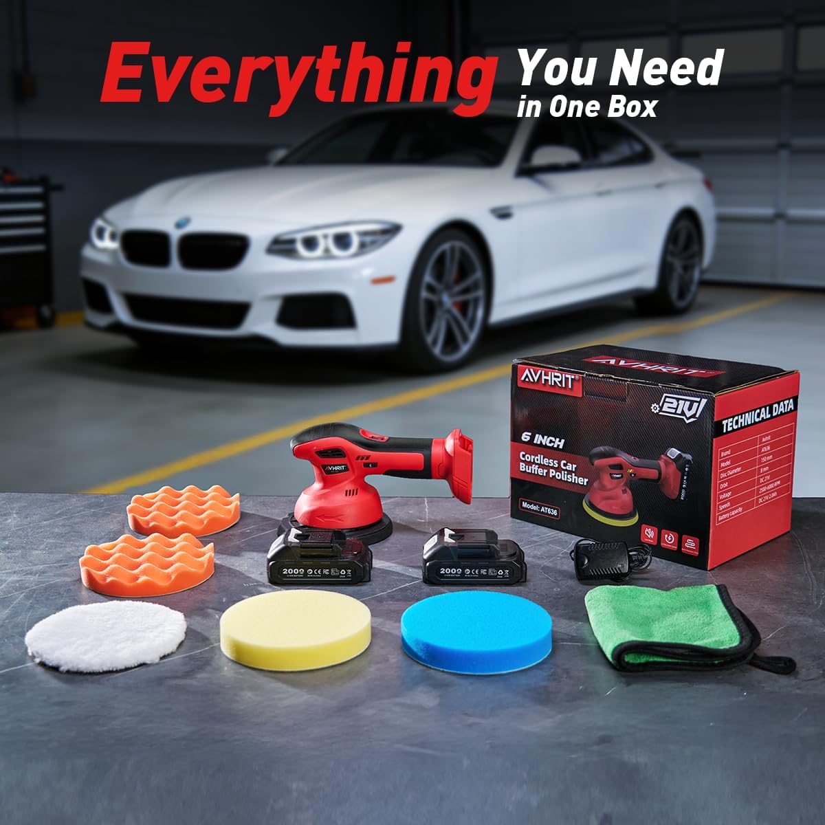 Cordless Car Buffer Polisher kit w/ 2x2000mAh 21V Batteries, 6 Inch Car buffer Waxer Kit w/ 6 Variable Speed & Extra Attachments, Polisher for Car Detailing,Boat Sanding,Scratch Removing - Image 8