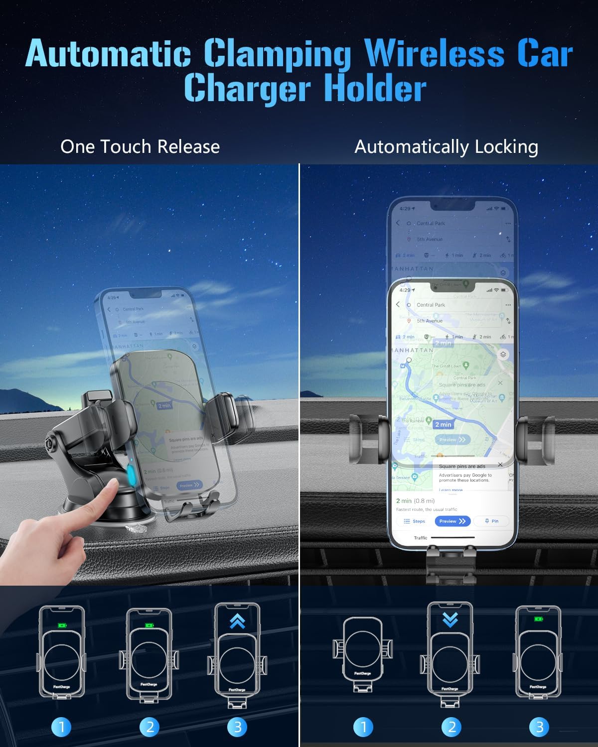 Wireless Car Charger, Fast Charging Phone Holder 3 in 1 Phone Mount Auto Clamping Car Accessories Compatible with iPhone 17 16 15 14 13 12 11 Xs XR, Samsung S23 Ultra S22 S21 S20/S10+ S9+ Note 9 - Image 4