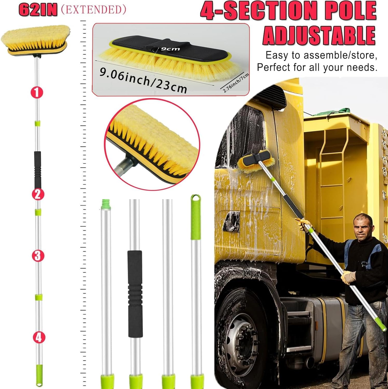62'' Car Wash Brush with Long Handle, Car Wash Kit with Tire Brush, Tower, Window Squeegee, Chenille Microfiber,Car Detailing Brushes, Car Cleaning Brush Kit Supplies for Car, Truck, SUV, RV - Image 2
