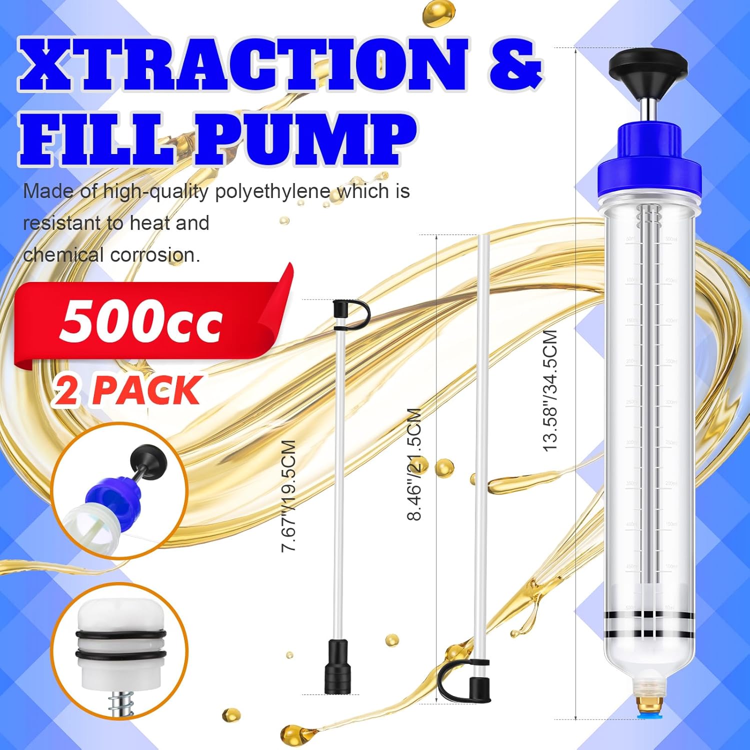 Lothee 2 Pack 500cc Automotive Fluid Extractor Pump Oil Extractor Hand Syringe Pump with Hose Manual Suction Vacuum Fuel Car Transfer for Power Steering, Hydraulic Fluid(Blue) - Image 2