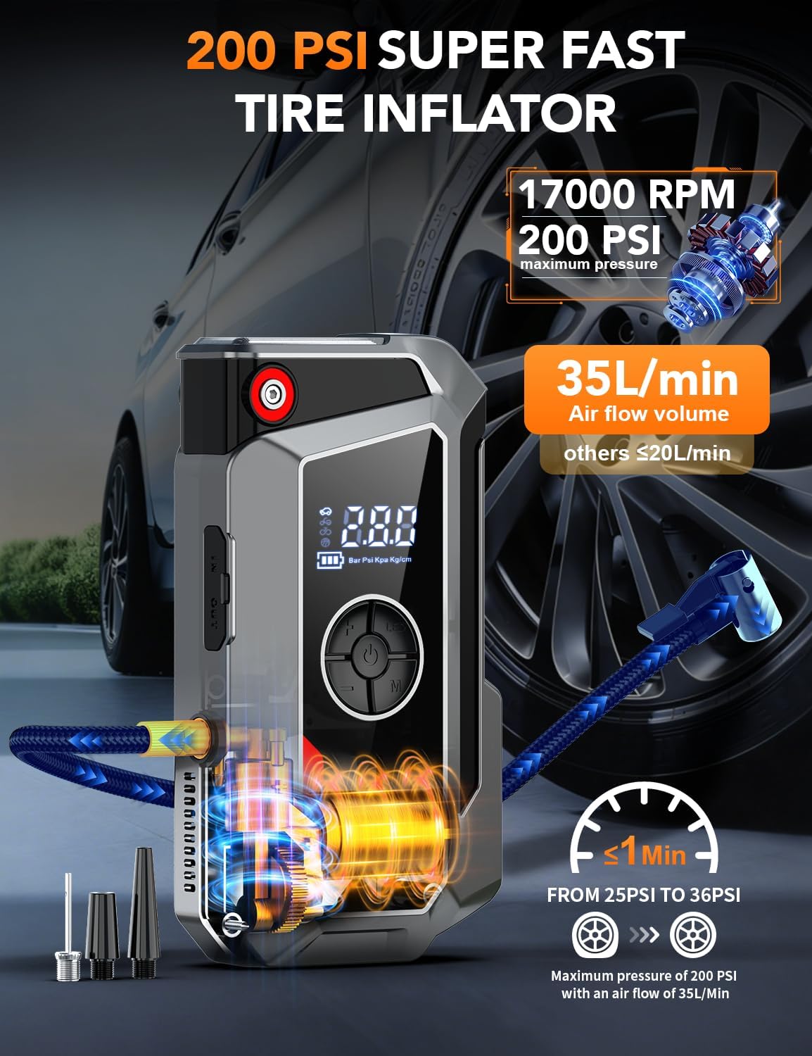 Sharmeal Jump Starter with Air Compressor, 6000A Car Battery Jump Starter (All Gas/10.0L Diesel), 200PSI Jump Starter Power Pack Portable 12V Jump Box with Jumper Cables, LED Light - Image 3