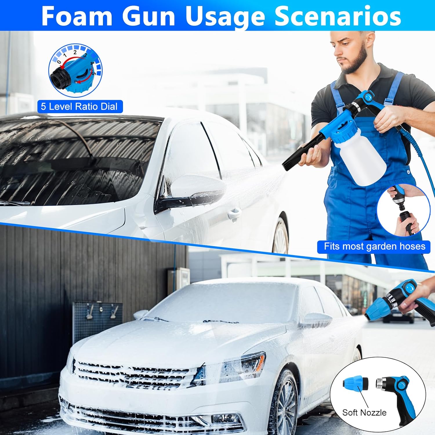 THINKWORK Car Wash Kit, Car Detailing Kit with Foam Gun, Car Wash Brush Mop and Large Folding Bucket Suitable for Car Cleaning, Blue Car Wash Set Gift for Men and Women - Image 3