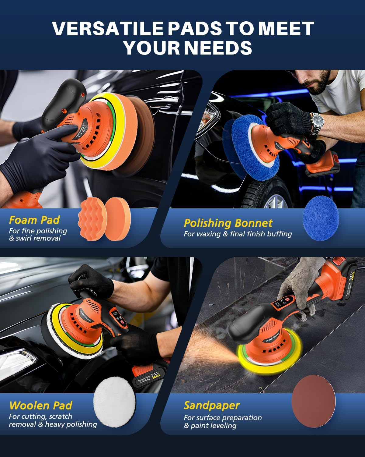 Cordless Car Buffer Polisher, 8 Variable Speed Car Polisher with 2x 21V 2000mAh Batteries & 18 PCS Attachments, 2800-6000RPM Cordless Car Polishing Machine for Waxing, Polishing & Scratch Removal - Image 6
