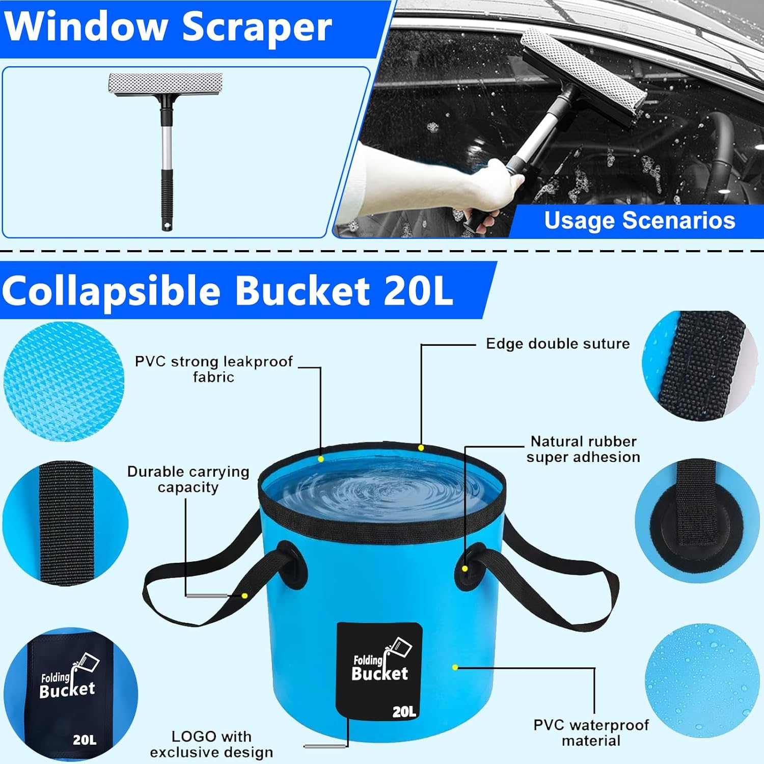 THINKWORK Car Wash Kit, Car Detailing Kit with Foam Gun, Car Wash Brush Mop and Large Folding Bucket Suitable for Car Cleaning, Blue Car Wash Set Gift for Men and Women - Image 5