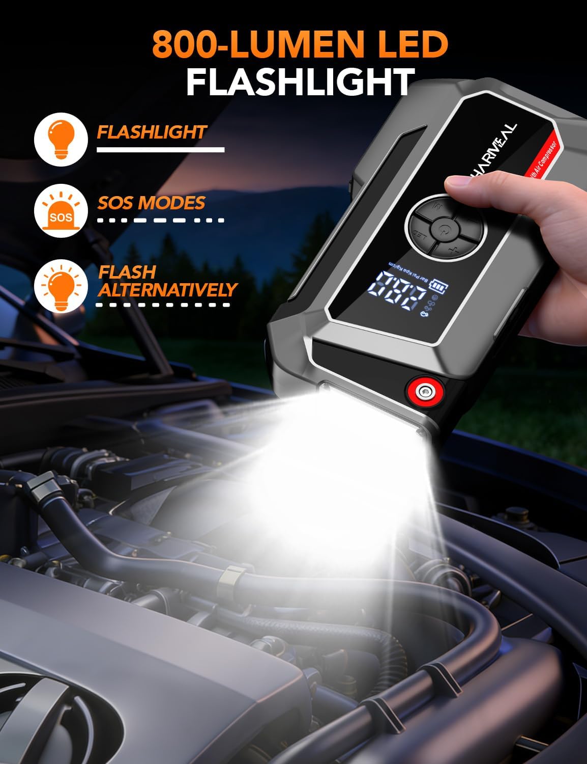 Sharmeal Jump Starter with Air Compressor, 6000A Car Battery Jump Starter (All Gas/10.0L Diesel), 200PSI Jump Starter Power Pack Portable 12V Jump Box with Jumper Cables, LED Light - Image 4