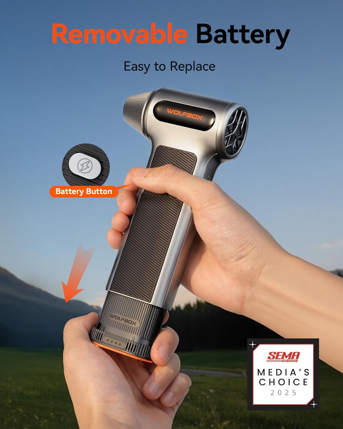 WOLFBOX MF200 Compressed Air Duster with Removable Battery & 4 Nozzles, Cordless 3-Speed Adjustable Mini Blower for Computer Keyboard, Car Cleaning, Home, and Outdoor Use - Image 2