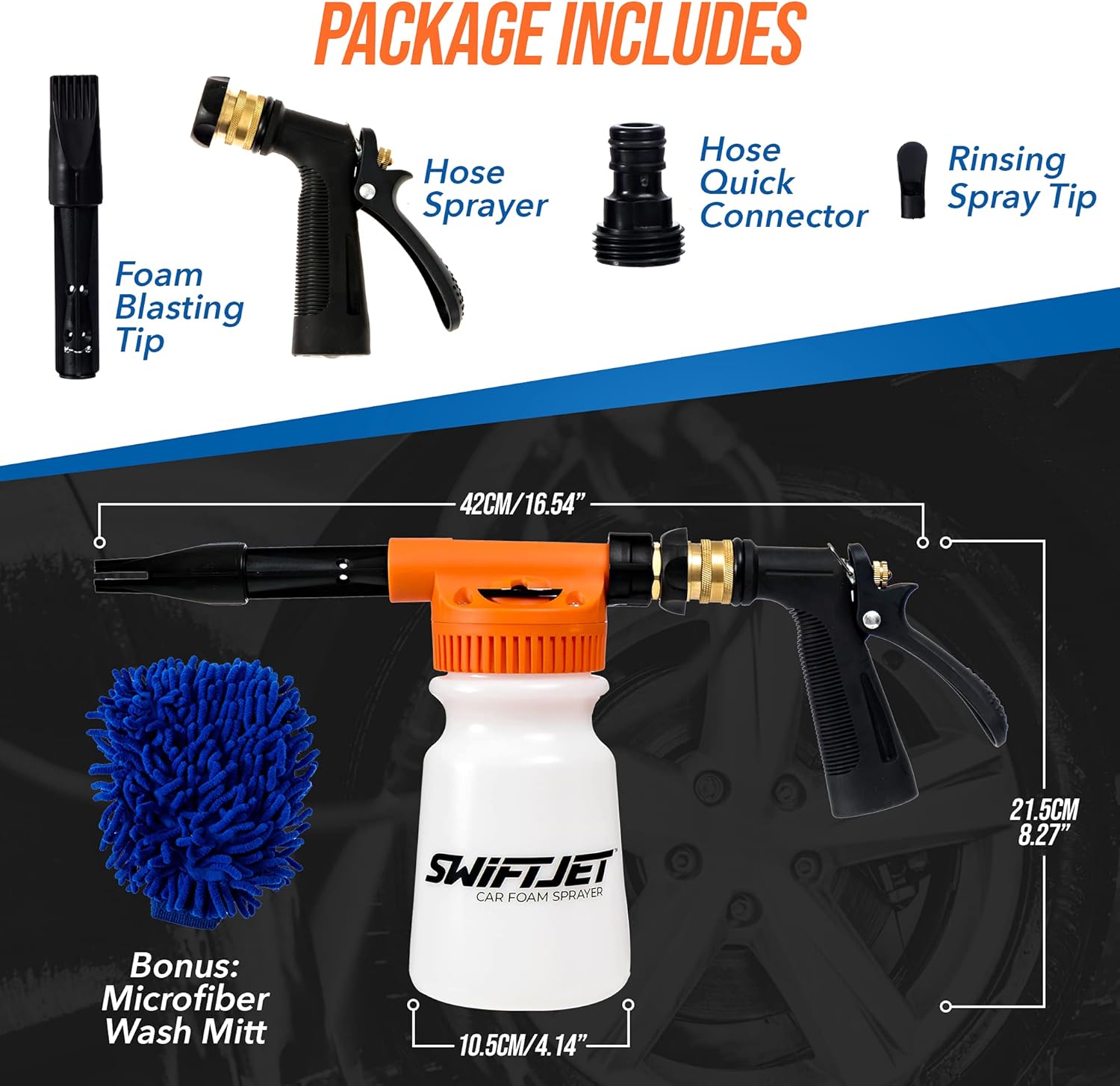 SwiftJet Car Wash Foam Gun + Microfiber Wash Mitt - Foam Cannon Works with Any Soap - Garden Hose Car Foam Sprayer - Car Wash Kit - Car Accessories Foam Blaster (Orange Foam Gun with Mitt) - Image 2