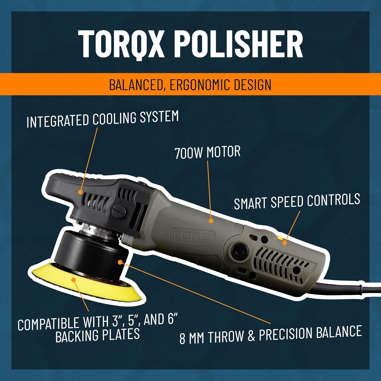Chemical Guys TORQX Random Orbital Polisher, Pads, Polishes, and Compounds Kit - Car Polishing Kit Safe for Trucks, SUVs, Motorcycles, and More, 700W Motor, 8mm Orbit, 9-Piece Set - Image 6