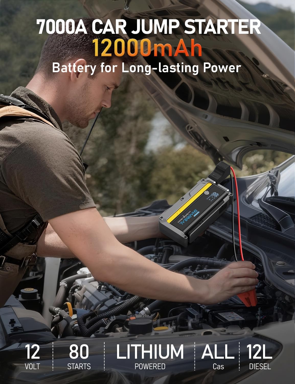 Sharmeal 7000A Car Battery Jump Starter, 12000mAh Car Jumper Starter Battery Pack for Up to All Gas & 12.0L Diesel Engines, 12V Portable Jump Box with 3 Modes Flashlight and Jumper Cable - Image 2