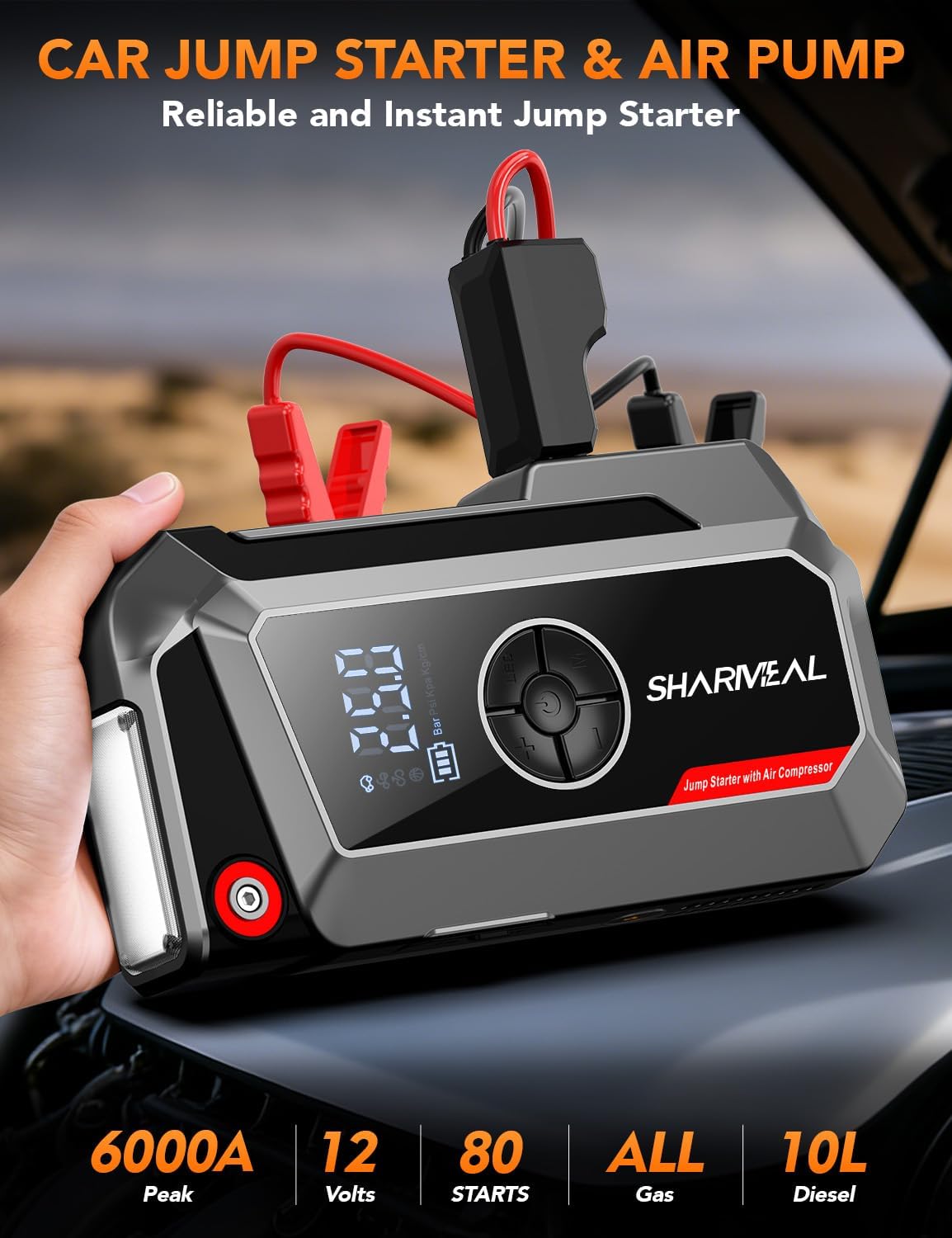 Sharmeal Jump Starter with Air Compressor, 6000A Car Battery Jump Starter (All Gas/10.0L Diesel), 200PSI Jump Starter Power Pack Portable 12V Jump Box with Jumper Cables, LED Light - Image 2