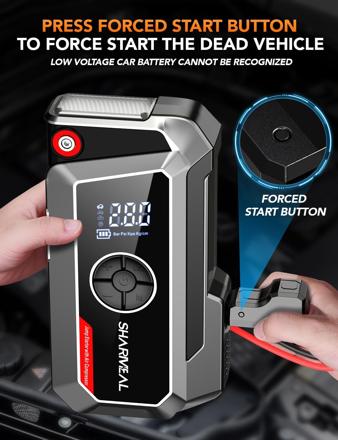 Sharmeal Jump Starter with Air Compressor, 6000A Car Battery Jump Starter (All Gas/10.0L Diesel), 200PSI Jump Starter Power Pack Portable 12V Jump Box with Jumper Cables, LED Light - Image 6
