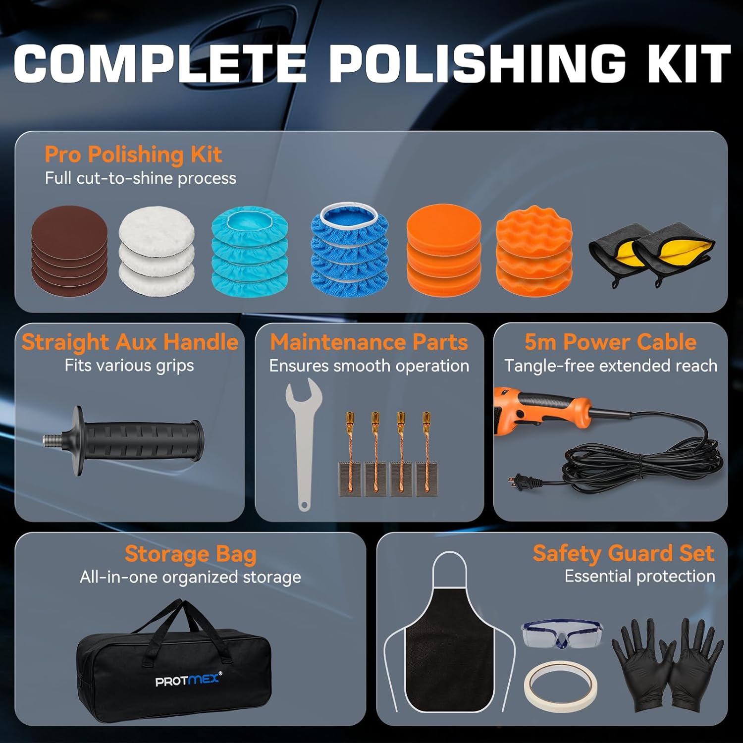 Protmex 1200W Dual Action Car Buffer Polisher, 6 Inch Orbital Polisher with 6 Variable Speed 2500-6000RPM, Constant Power & Detachable Handle for Car Detailing, Polishing, Waxing and Scratch Removal - Image 9