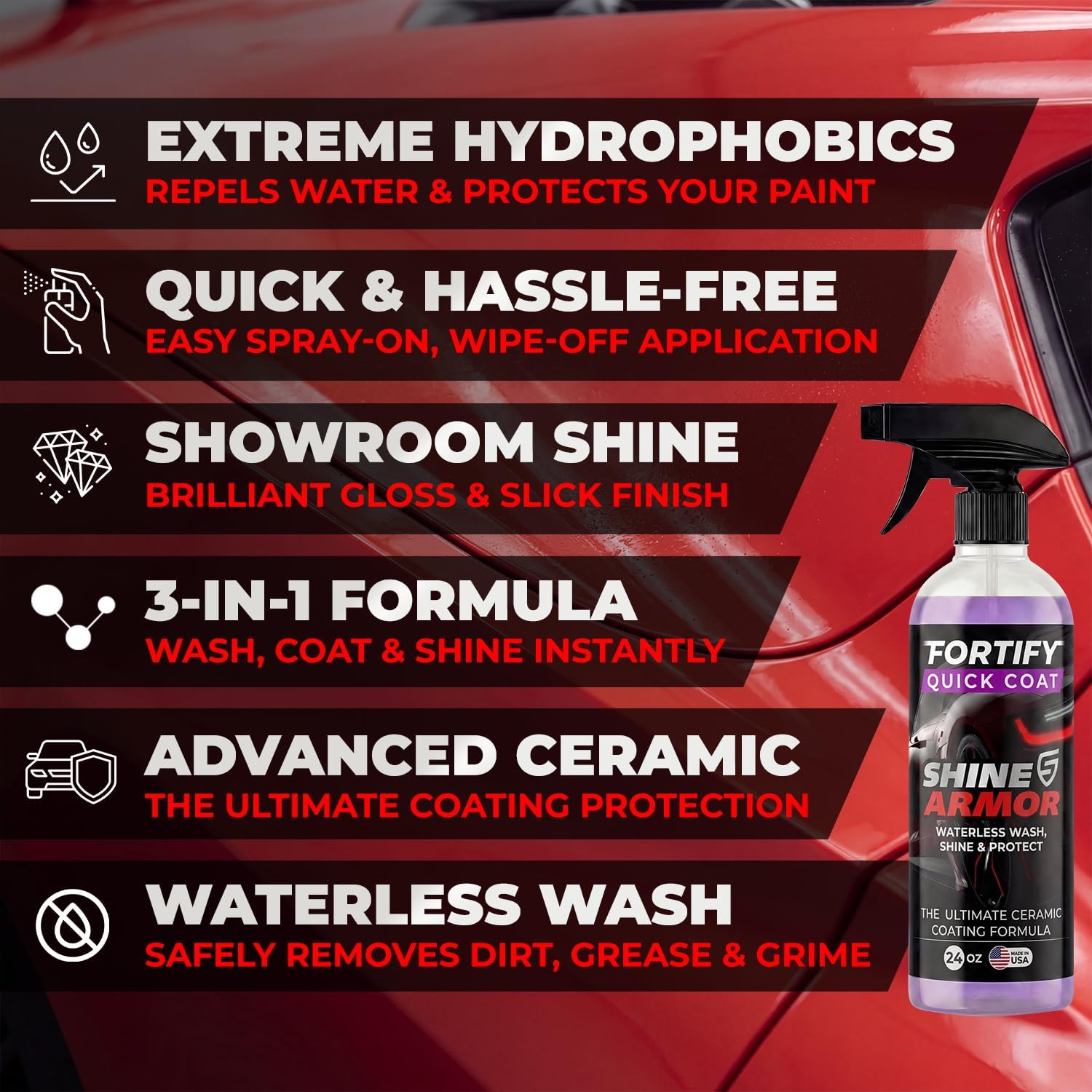 SHINE ARMOR Fortify Quick Coat: 3-in-1 Complete Detailing Spray - Car Wax, Waterless Wash and Ceramic Coating - Paint Protection for Cars, Trucks, Bikes and SUVs, Made in USA, 16floz - Image 3