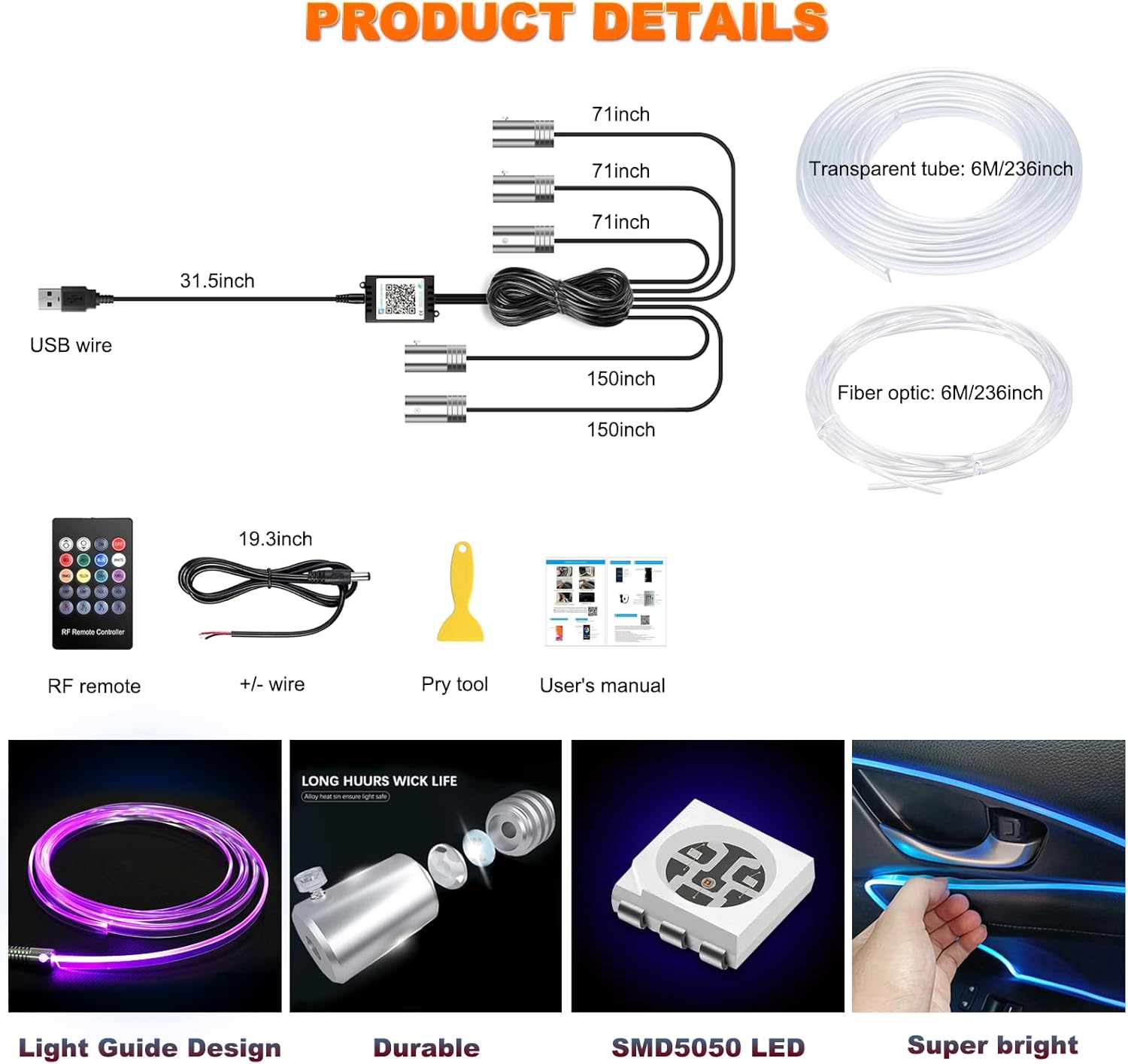 Jushope Interior Car LED Strip Lights with Wireless APP and Remote Control, RGB 5 in 1 Ambient Lighting Kits with 236 inches Fiber Optic, 16 Million Colors Car Neon Lights, Sync to Music - Image 5