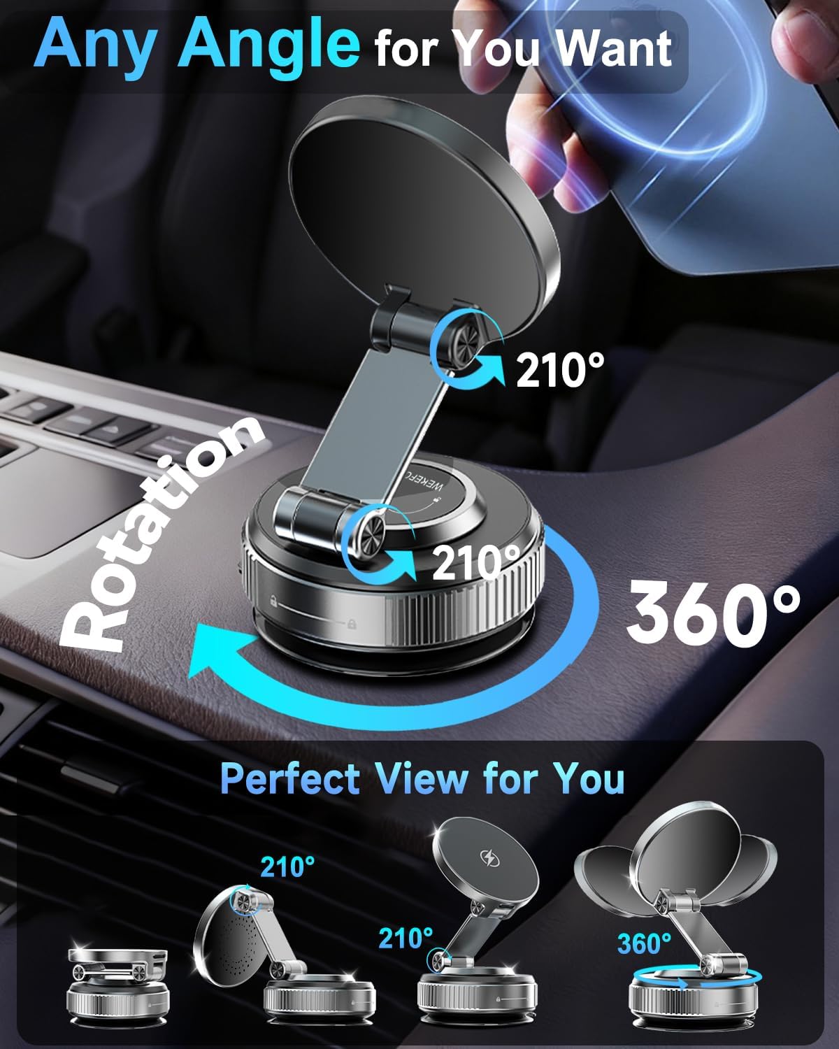 Vacuum Magnetic Car Phone Holder 360° Strongest 120LBS Ultra Suction Cup Phone Mount for MagSafe Dashboard Cell Phone Holders for Your Car/Gym/Mirror Bracket for iPhone 17 & Android, Metal Stand Rotor - Image 2