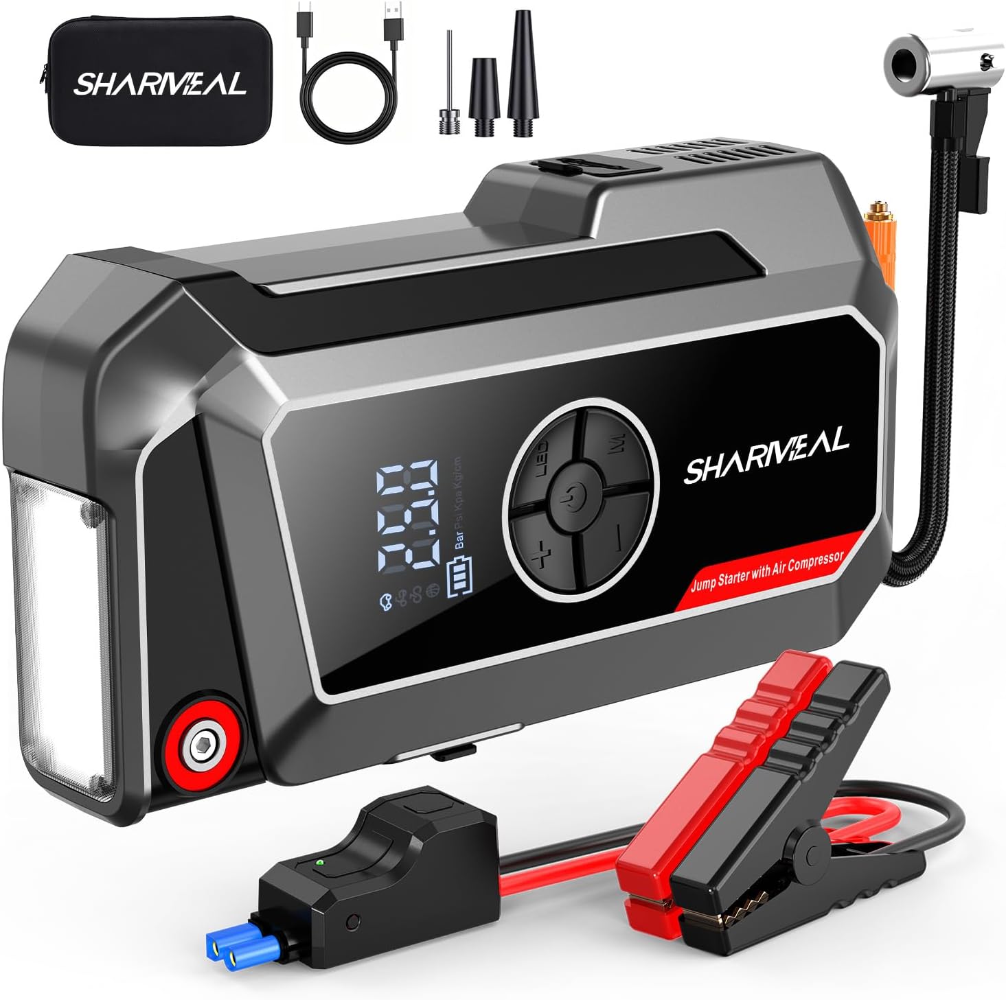 Sharmeal Jump Starter with Air Compressor, 6000A Car Battery Jump Starter (All Gas/10.0L Diesel), 200PSI Jump Starter Power Pack Portable 12V Jump Box with Jumper Cables, LED Light