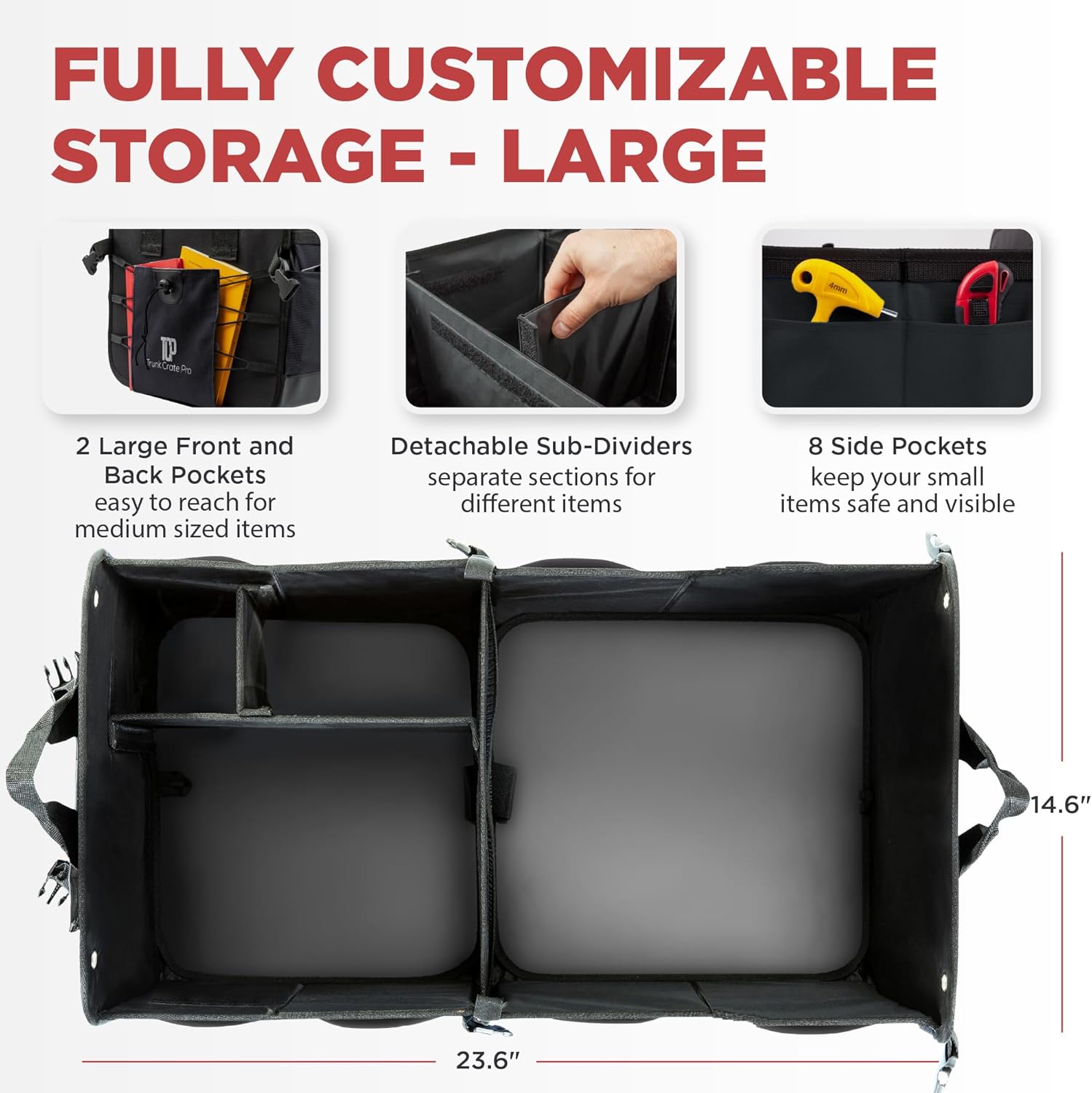TRUNKCRATEPRO Trunk Organizer For Car, Suv, Truck | Premium Adjustable Multi Compartments Collapsible Car Trunk Organizer With Securing Straps & Non-Slip Bottom (Large Size, Black) - Image 2