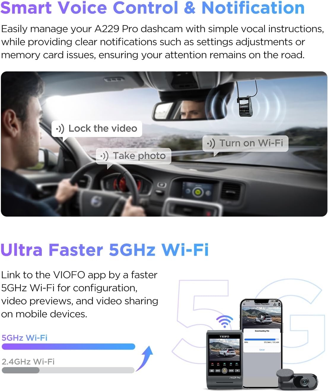 VIOFO A229 Pro 4K HDR Dash Cam, Dual STARVIS 2 IMX678 IMX675, 4K+2K Front and Rear Car Camera, 2 Channel with HDR, Voice Control, 5GHz WiFi GPS, Night Vision 2.0, 24H Parking Mode - Image 5
