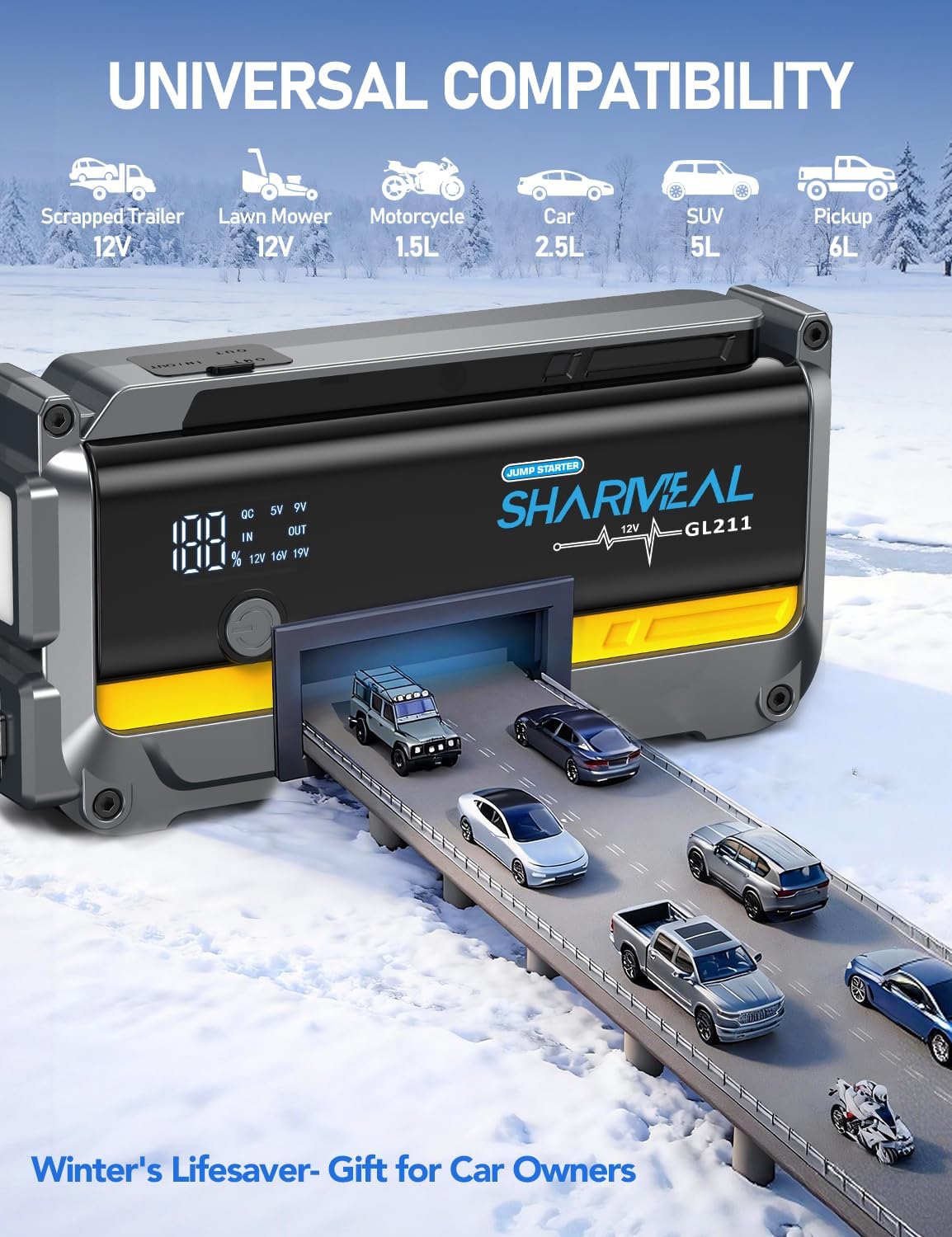 Sharmeal 7000A Car Battery Jump Starter, 12000mAh Car Jumper Starter Battery Pack for Up to All Gas & 12.0L Diesel Engines, 12V Portable Jump Box with 3 Modes Flashlight and Jumper Cable - Image 4