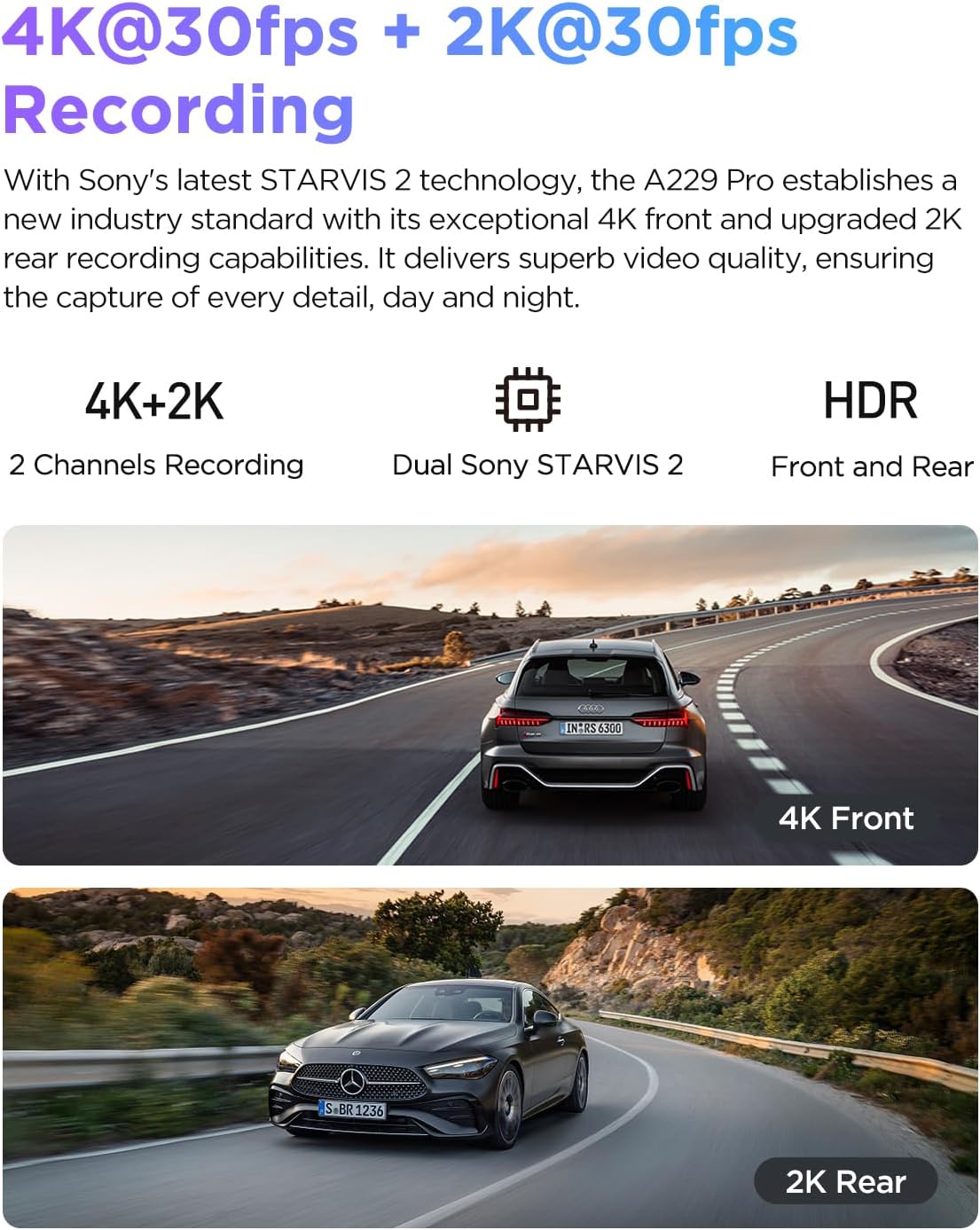 VIOFO A229 Pro 4K HDR Dash Cam, Dual STARVIS 2 IMX678 IMX675, 4K+2K Front and Rear Car Camera, 2 Channel with HDR, Voice Control, 5GHz WiFi GPS, Night Vision 2.0, 24H Parking Mode - Image 2