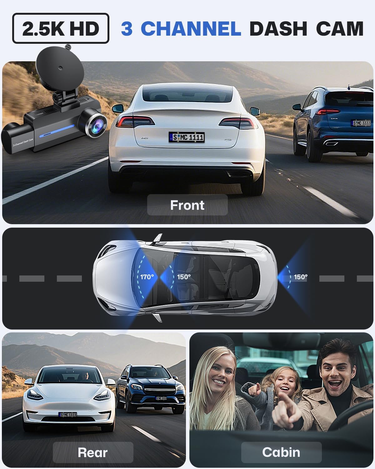 BAEASU Dash Cam Front and Rear 2.5K/1440P, 3 Channel Dash Camera for Cars Dash Cam Front Rear and Inside with 32GB Card, 3.16" IPS Screen, G-Sensor, Loop Recording, Night Vision, Parking Mode - Image 2