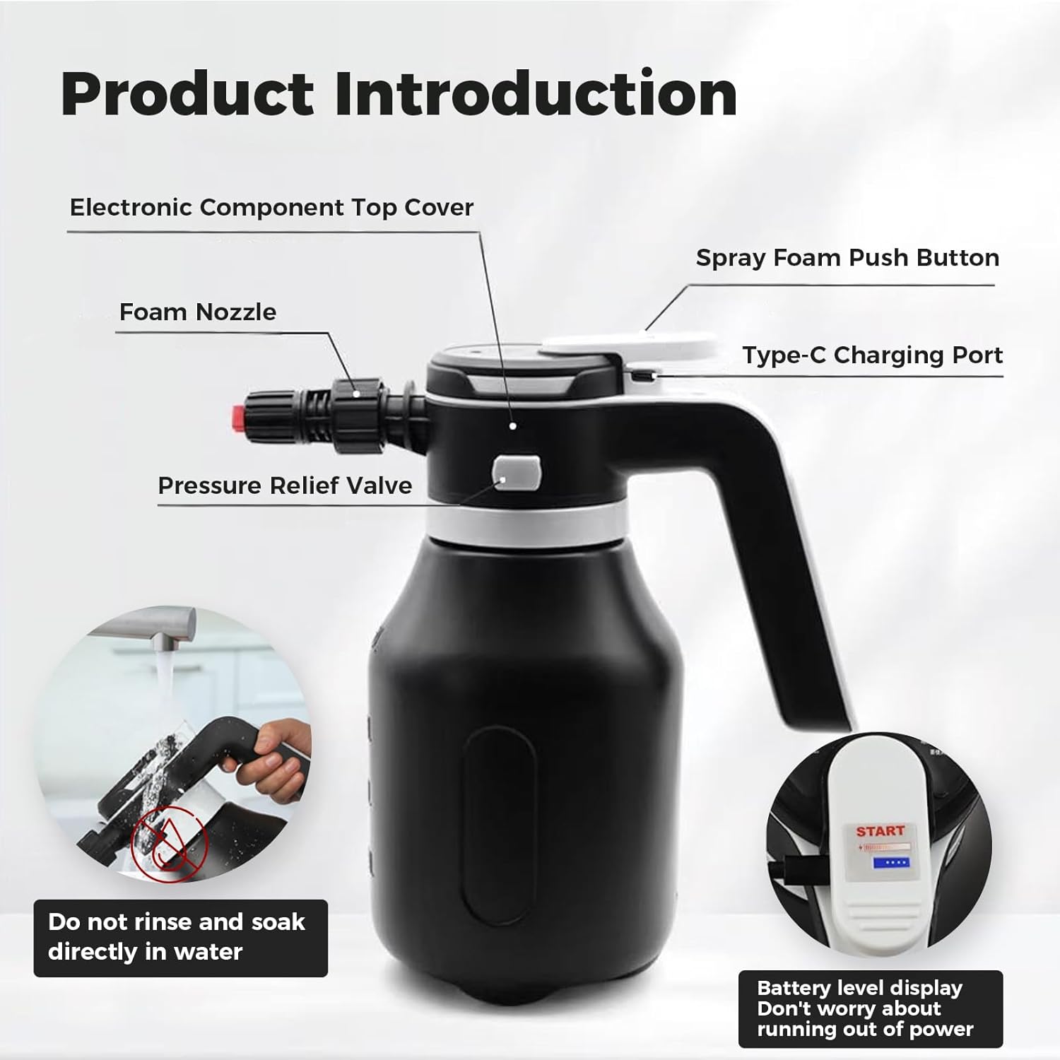 Electric Foam Sprayer,2L Portable Rechargeable Cordless Pressurized Spray Foam Cannon, Easy Clean & Acid Resistant for Car Wash Detailing Garden Black (Electric Foam Sprayer 1.0) - Image 5