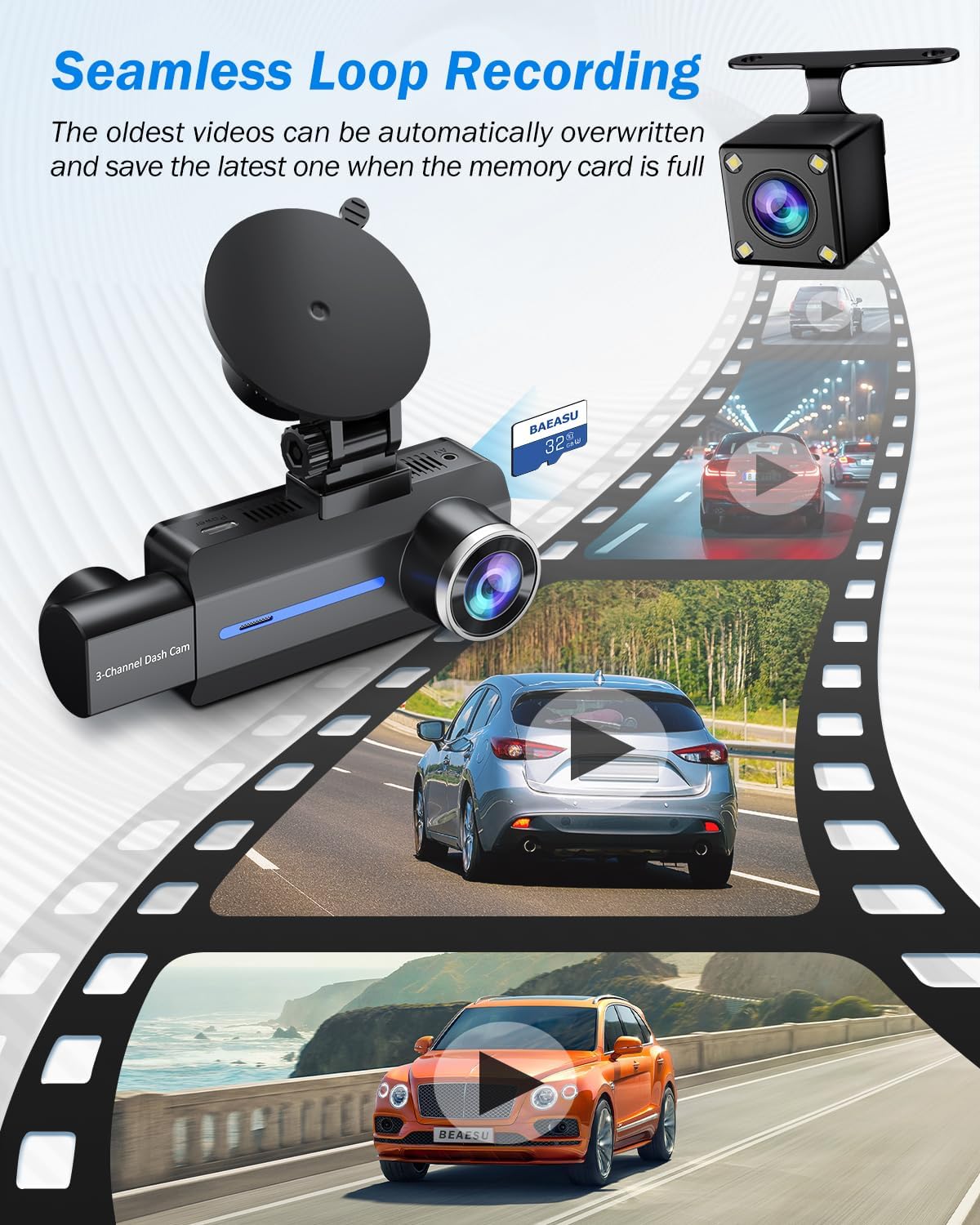 BAEASU Dash Cam Front and Rear 2.5K/1440P, 3 Channel Dash Camera for Cars Dash Cam Front Rear and Inside with 32GB Card, 3.16" IPS Screen, G-Sensor, Loop Recording, Night Vision, Parking Mode - Image 5