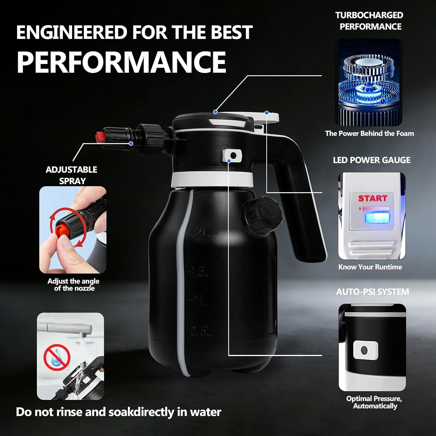 Electric Foam Sprayer,2L Portable Rechargeable Cordless Pressurized Spray Foam Cannon, Easy Clean & Acid Resistant for Car Wash Detailing Garden Black (Electric Foam Sprayer 2.0) - Image 5