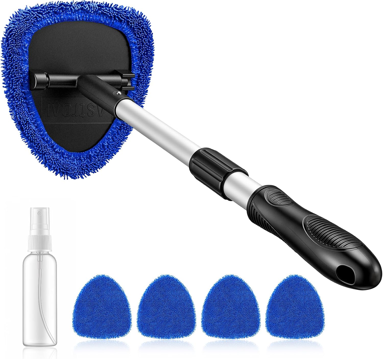 AstroAI Windshield Cleaner Tool, Car Interior Detailing Cleaning Kit with Extendable Handle and 4 Upgraded High-Density Reusable Microfiber Pads, Auto Glass Wiper Brush Kit for Cars, Blue, 15.9in-21in