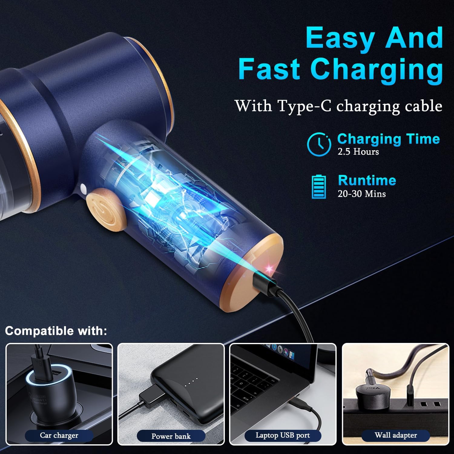 KMM Handheld Car Vacuum Cleaner, 9000Pa Vacuum Cleaner and Air Duster, 120W High Power Hand Held Vacuum with LED Light and Multi-Nozzles for Car, Home, Office, Pet - Image 4