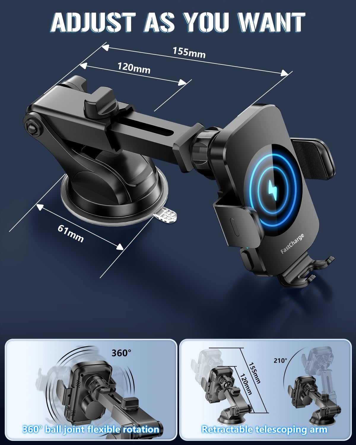 Wireless Car Charger, Fast Charging Phone Holder 3 in 1 Phone Mount Auto Clamping Car Accessories Compatible with iPhone 17 16 15 14 13 12 11 Xs XR, Samsung S23 Ultra S22 S21 S20/S10+ S9+ Note 9 - Image 5