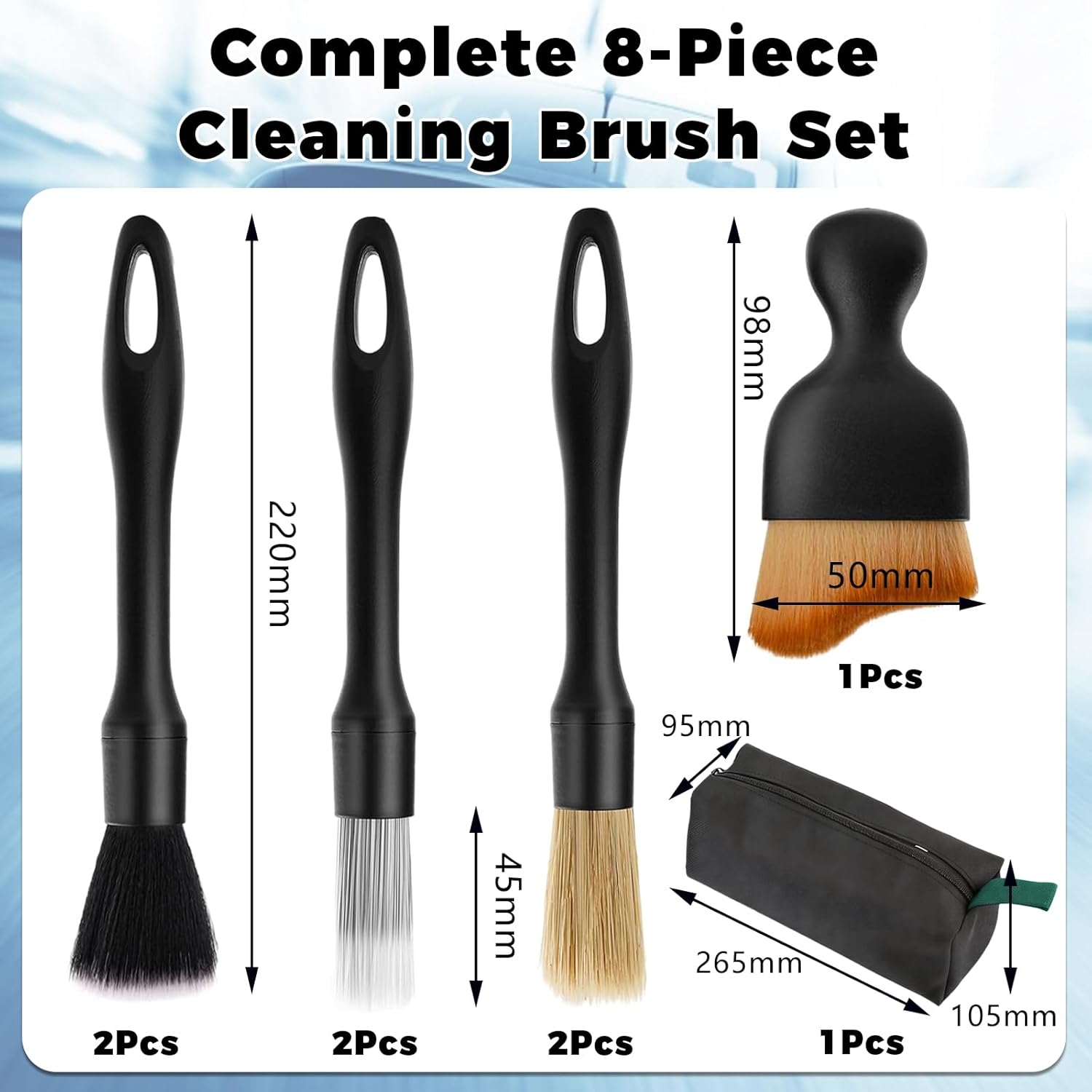 8PCS Car Detailing Brush Set,Ultra Soft Boars Hair Auto Detailing Brushes for Car Interior Exterior Cleaning,Professional Car Detail Kit with Storage Bag for Dashboard,Air Vents,Wheels - Image 3