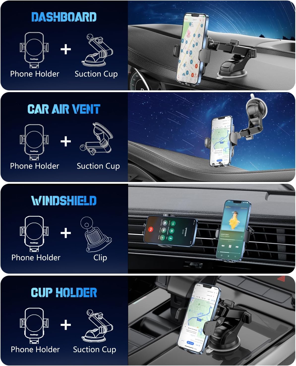 Wireless Car Charger, Fast Charging Phone Holder 3 in 1 Phone Mount Auto Clamping Car Accessories Compatible with iPhone 17 16 15 14 13 12 11 Xs XR, Samsung S23 Ultra S22 S21 S20/S10+ S9+ Note 9 - Image 3