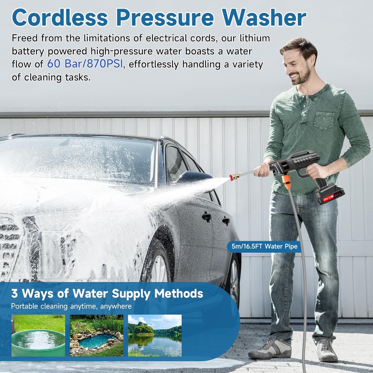 Portable Cordless Pressure Washer, 60Bar/870PSI 21V Rechargeable Battery Powered Pressure Washer, Electric Pressure washers Handheld High Pressure Car Washer Gun with 2 Nozzles, 2 Battery, 5m Hose - Image 9
