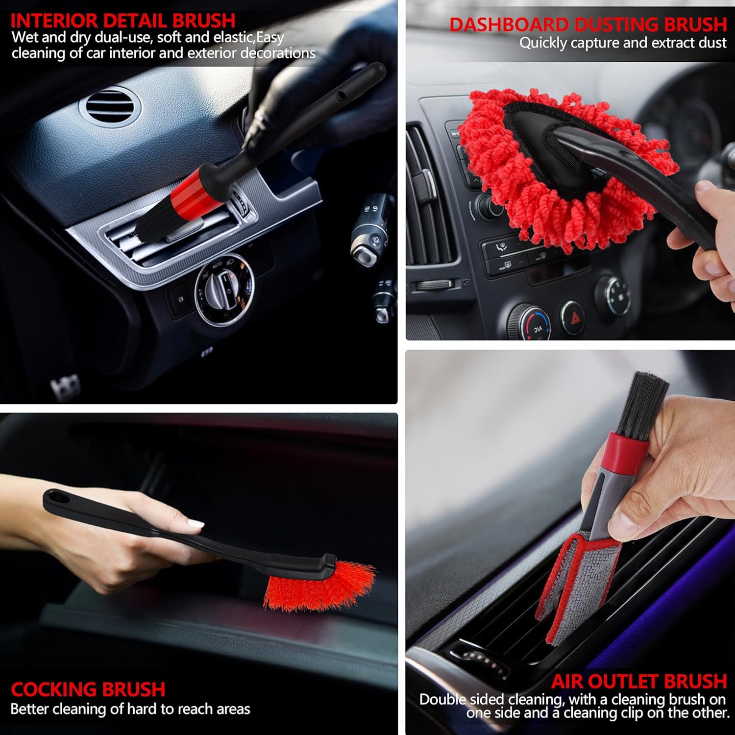32Pcs Red Car Detailing Kit – Brush Set & Cleaning Kit with Drill Brush, Polishing/Waxing Pads, Interior/Exterior Tools for Wheels & Windshield – Portable Handbag - Image 4