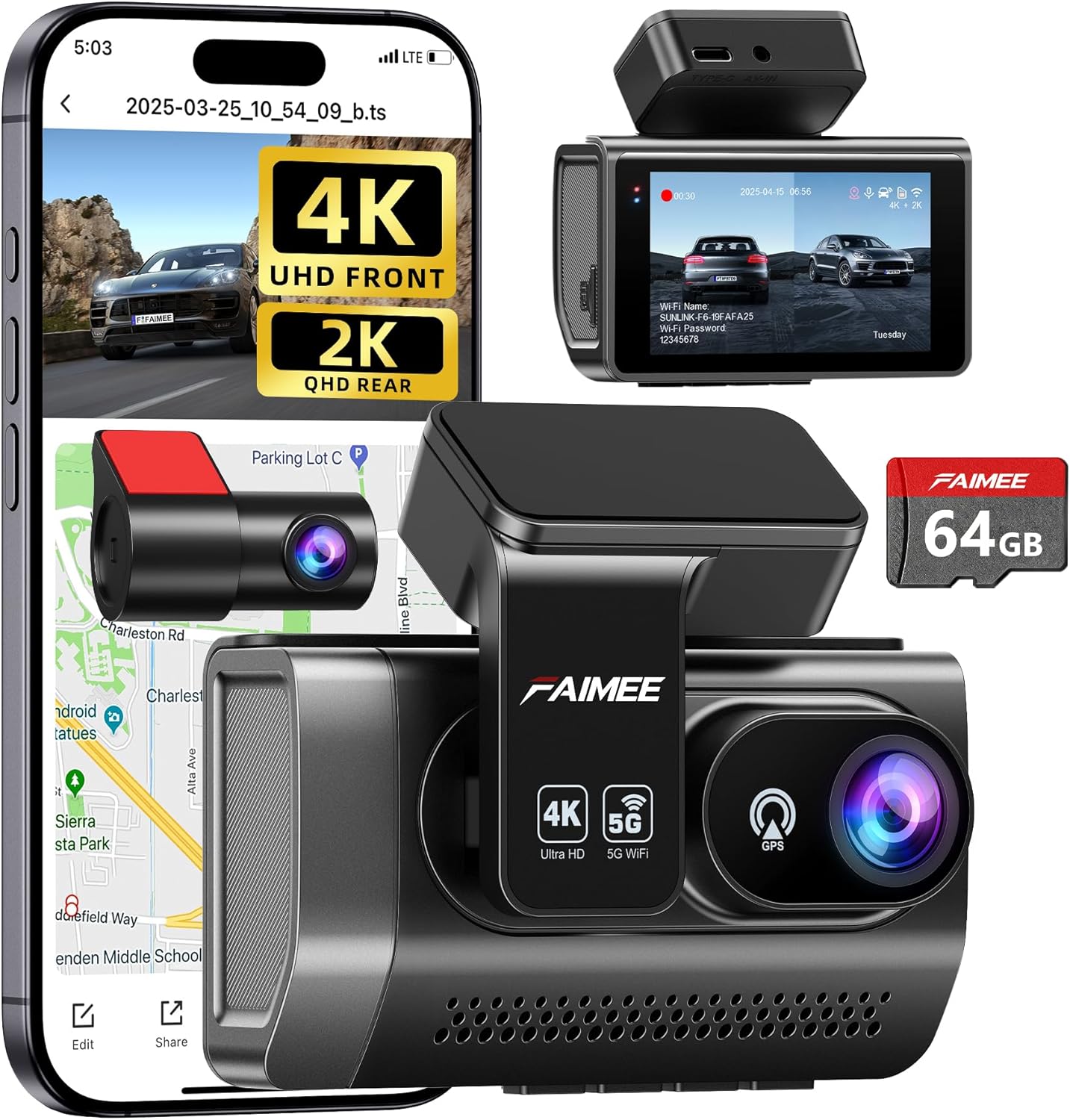 Dash Cam Front and Rear, 4K+2K Recording Dash Camera for Cars, Night Vision with WDR, 170° Wide Angle, 5.8G/2.4G Dual Wi-Fi, 64GB Card, Built-in GPS, G-Sensor Emergency Lock, 24H Parking Monitor