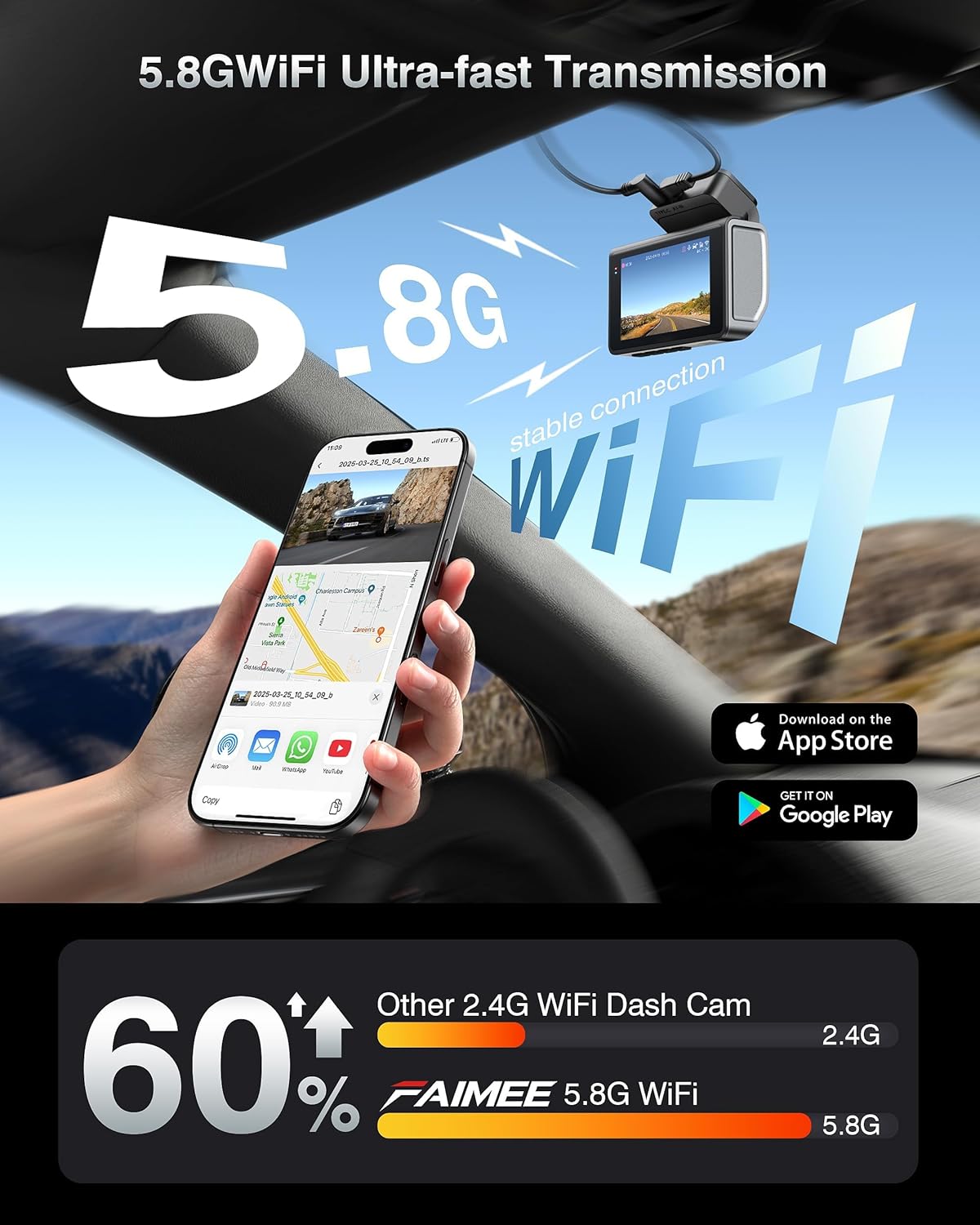 Dash Cam Front and Rear, 4K+2K Recording Dash Camera for Cars, Night Vision with WDR, 170° Wide Angle, 5.8G/2.4G Dual Wi-Fi, 64GB Card, Built-in GPS, G-Sensor Emergency Lock, 24H Parking Monitor - Image 6
