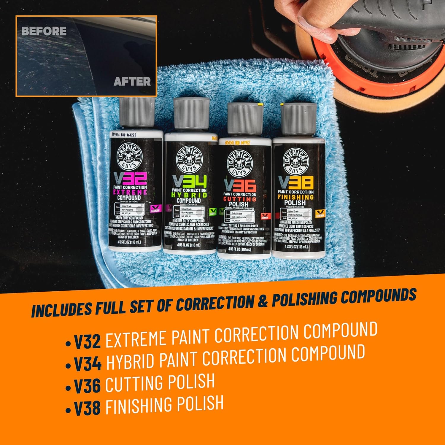 Chemical Guys TORQX Random Orbital Polisher, Pads, Polishes, and Compounds Kit - Car Polishing Kit Safe for Trucks, SUVs, Motorcycles, and More, 700W Motor, 8mm Orbit, 9-Piece Set - Image 5