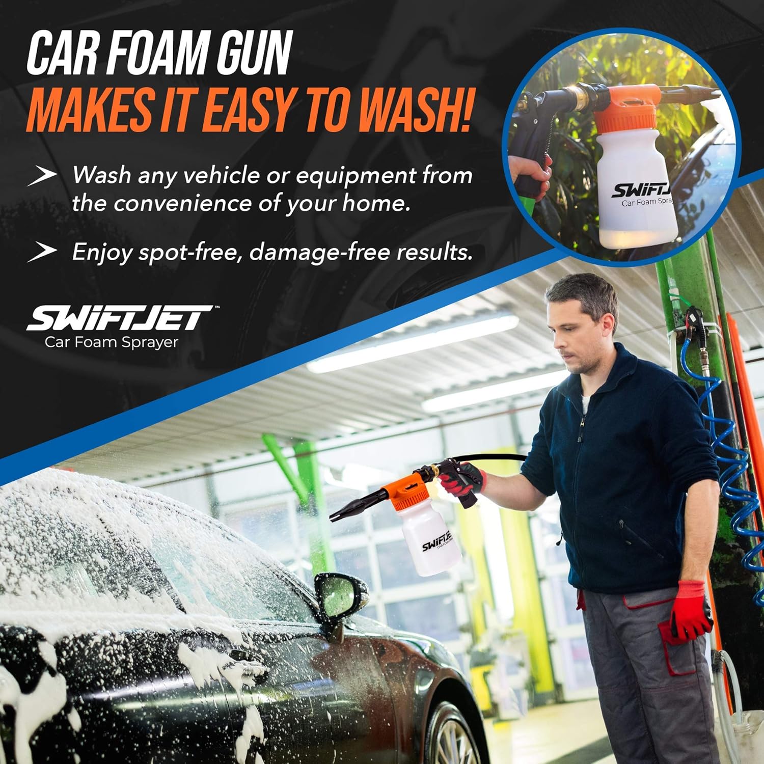SwiftJet Car Wash Foam Gun + Microfiber Wash Mitt - Foam Cannon Works with Any Soap - Garden Hose Car Foam Sprayer - Car Wash Kit - Car Accessories Foam Blaster (Orange Foam Gun with Mitt) - Image 3