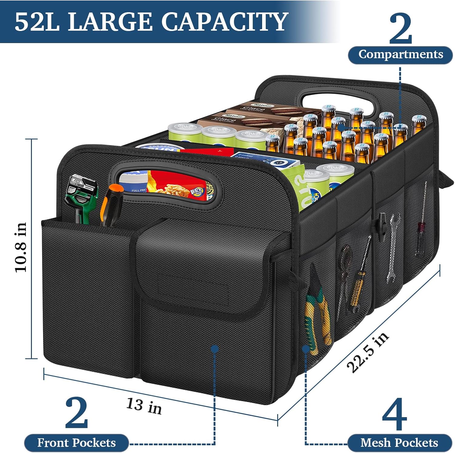 Femuar Car Trunk Organizer with Large Capacity Waterproof Car Accessories for Women & Men, Collapsible Trunk Organizer for Suv/Jeep/Sedan (Black, Standard) - Image 3